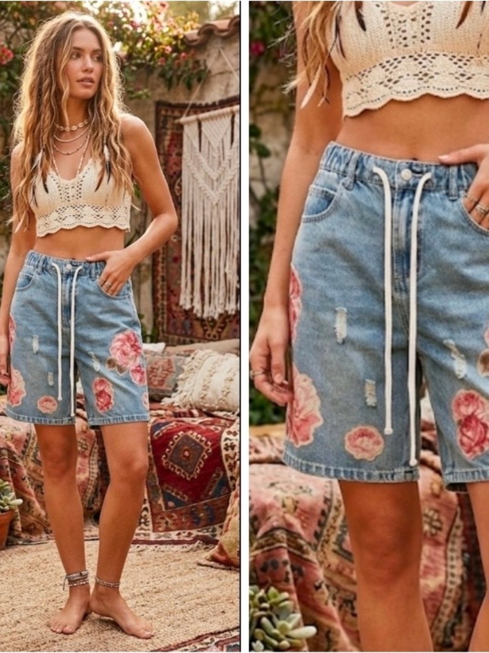 Embroidered Floral Denim Drawstring Shorts - Blue - Picture 7 of 8